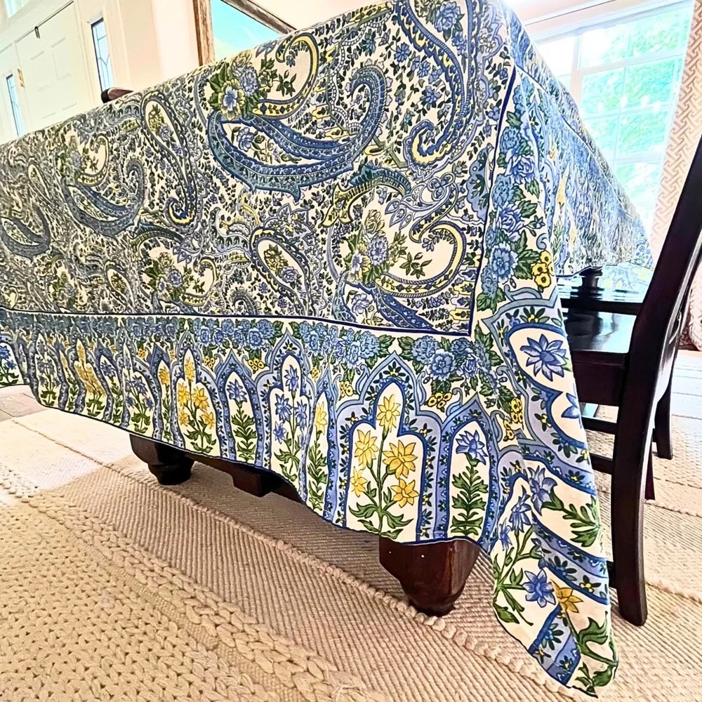 Huge 116x56 Extra Long Blue Yellow White Paisley Floral Cotton Tablecloth - XL